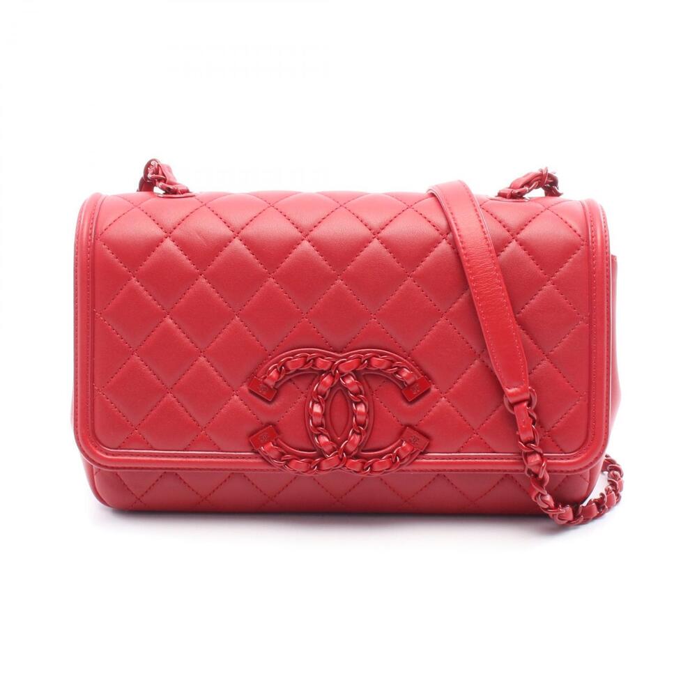 Chanel CC Filigree Matelasse Shoulder Bag Leather Red